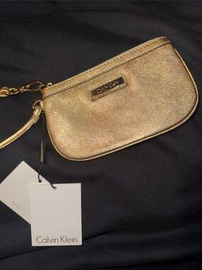 Calvin Klein Metallic Gold Wristlet Genuine Leather Accessory Bag Travel Pouch